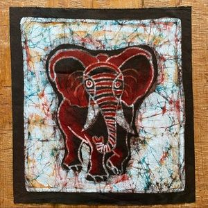African Batik Elephant Hand Dyed Fabric Panel by Artist Theodore Asshola